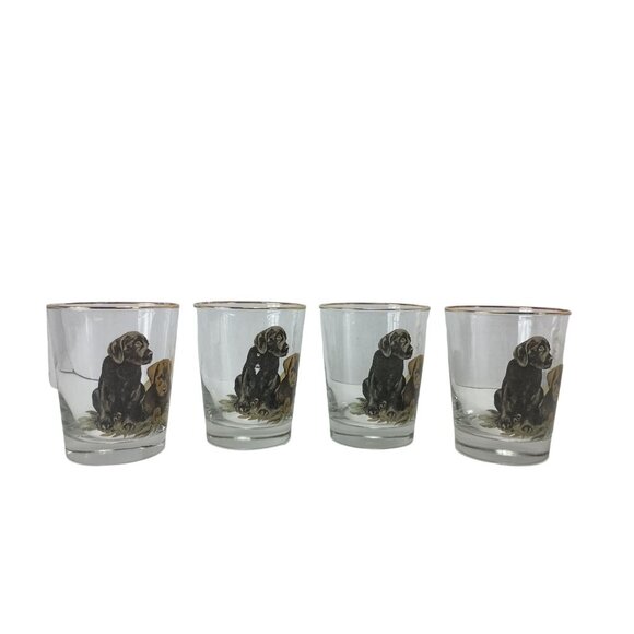 B. Brian Atwater Set Of 4-16oz. Gold Rimmmed Highball Whiskey Glasses Puppies - Picture 2 of 8